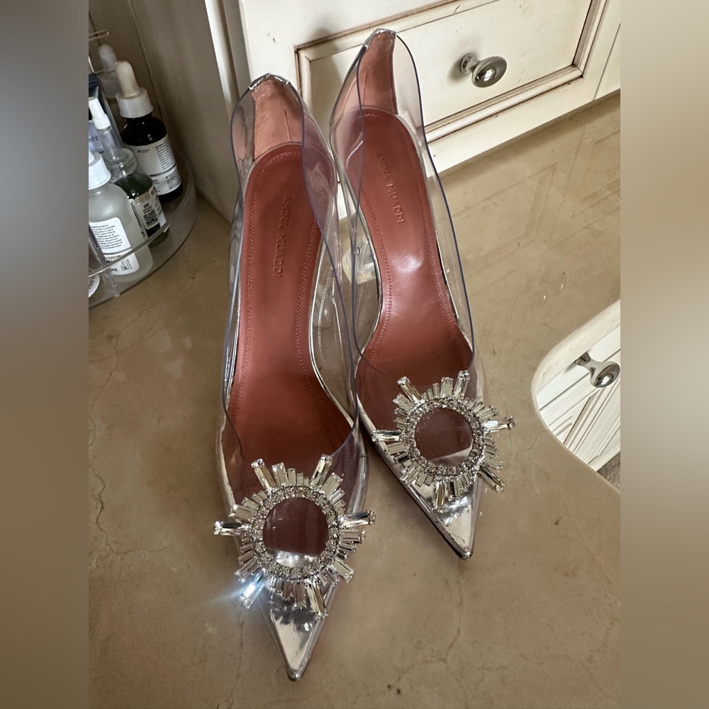 Amina Muaddi Silver Crystal Heels